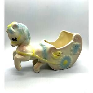 Vtg 50’s Pony Horse And Carriage Ceramic Planter Pink Blue Pastel Nursery Decor